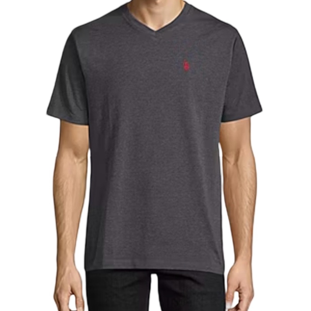 U.S. Polo Assn. Heather Gray Short Sleeve V-Neck Red Crest Size Large
